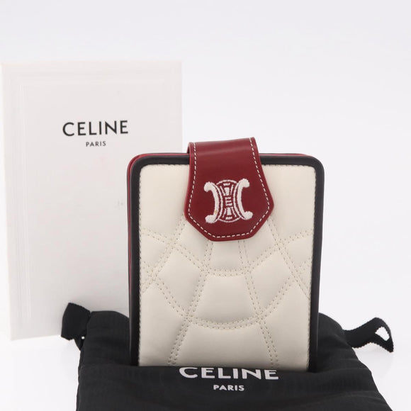 CELINE Compact Wallet Leather White Silver Auth 185052V
