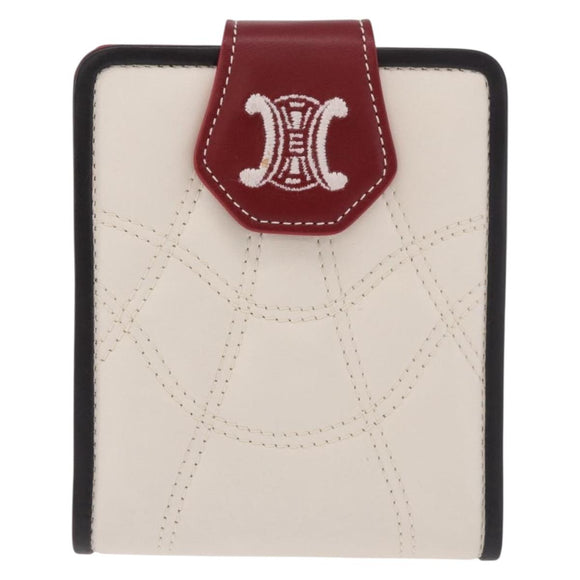 CELINE Compact Wallet Leather White Silver Auth 185052V