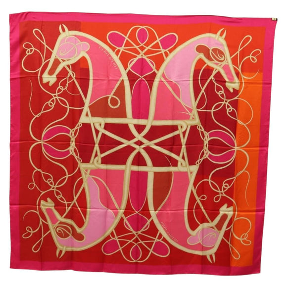 HERMES Carre 140 Scarf ""Coup de Fouet"" Silk Pink Auth 185059M