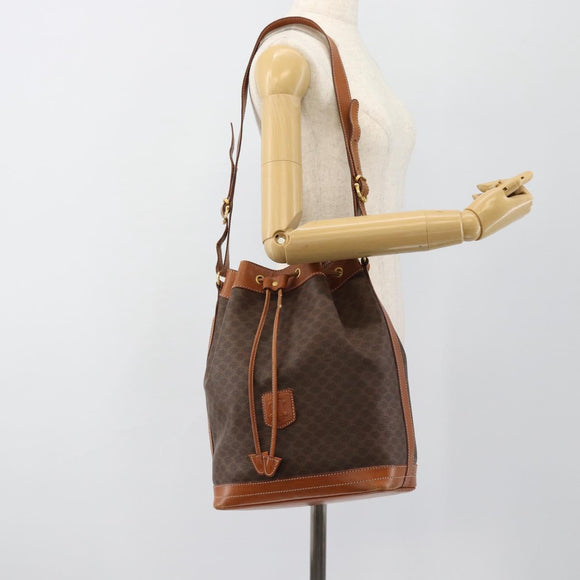 CELINE Macadam Canvas Purse Shoulder Bag PVC Leather Brown Gold Auth 185071