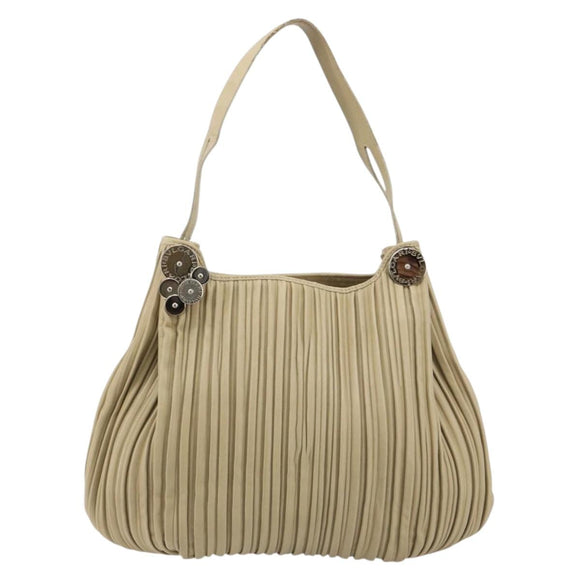 BVLGARI Shoulder Bag Leather Beige Silver Auth 185072A