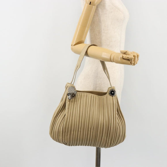 BVLGARI Shoulder Bag Leather Beige Silver Auth 185072A