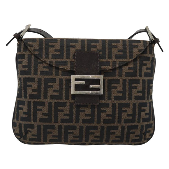 FENDI Zucca Canvas Mamma Baguette Shoulder Bag Black Brown Auth 185075V