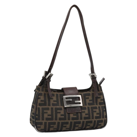 FENDI Zucca Canvas Mamma Baguette Shoulder Bag Black Brown Auth 185076
