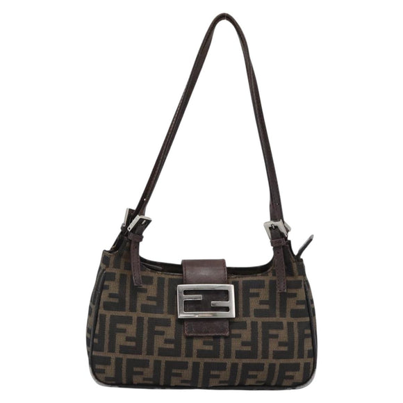 FENDI Zucca Canvas Mamma Baguette Shoulder Bag Black Brown Auth 185076