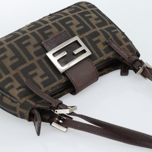 FENDI Zucca Canvas Mamma Baguette Shoulder Bag Black Brown Auth 185076