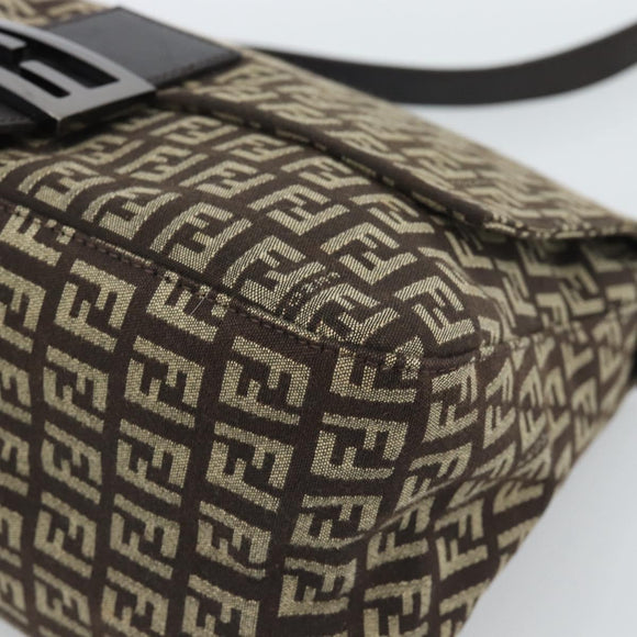 FENDI Zucchino Canvas Mamma Baguette Shoulder Bag Beige Silver Auth 185079V