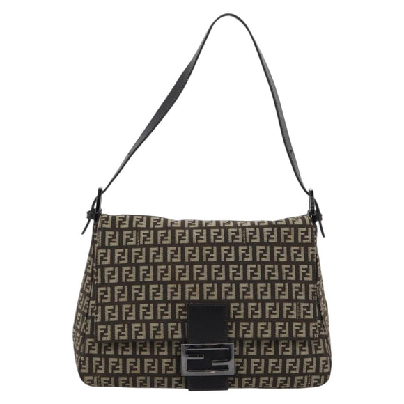 FENDI Zucchino Canvas Mamma Baguette Shoulder Bag Beige Silver Auth 185079V