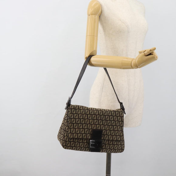 FENDI Zucchino Canvas Mamma Baguette Shoulder Bag Beige Silver Auth 185079V