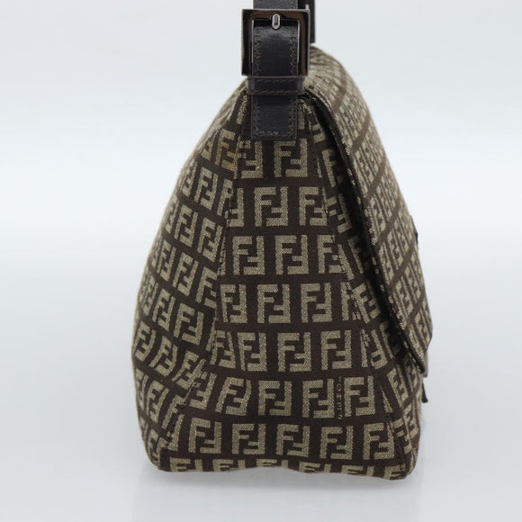 FENDI Zucchino Canvas Mamma Baguette Shoulder Bag Beige Silver Auth 185079V