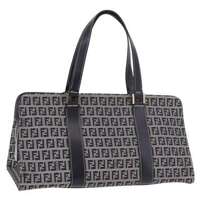 FENDI Zucchino Canvas Hand Bag Navy Silver Auth 185085V