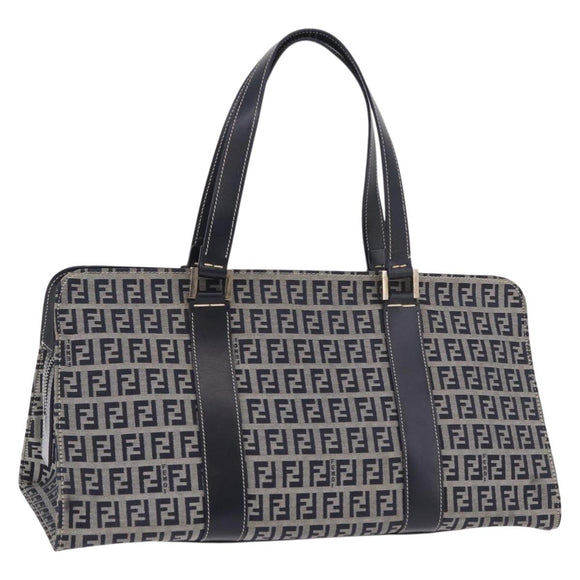 FENDI Zucchino Canvas Hand Bag Navy Silver Auth 185085V