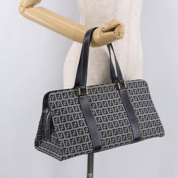 FENDI Zucchino Canvas Hand Bag Navy Silver Auth 185085V