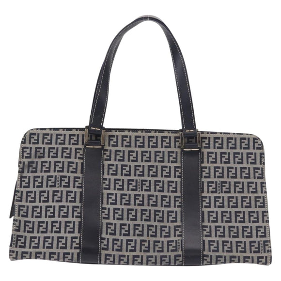 FENDI Zucchino Canvas Hand Bag Navy Silver Auth 185085V