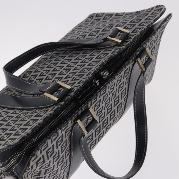 FENDI Zucchino Canvas Hand Bag Navy Silver Auth 185085V