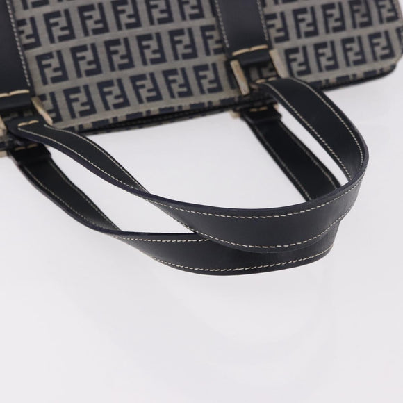 FENDI Zucchino Canvas Hand Bag Navy Silver Auth 185085V