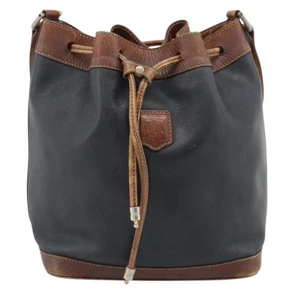 CELINE Purse Shoulder Bag Leather Black Gold Auth 185092