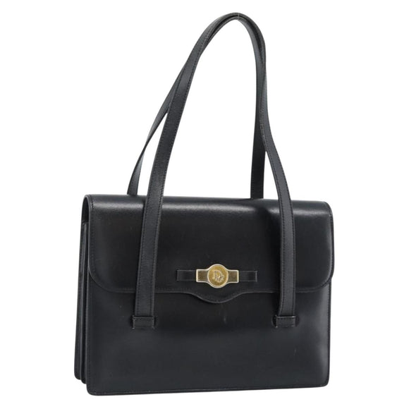 Christian Dior Hand Bag Leather Black Gold Auth 185093