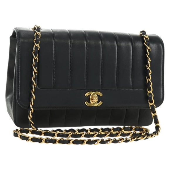 CHANEL Mademoiselle Chain Shoulder Bag Lamb Skin Black Gold CC Auth 185097SAM