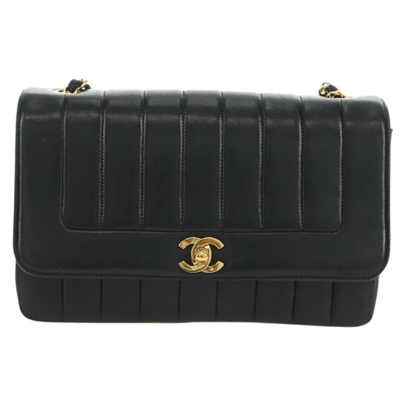 CHANEL Mademoiselle Chain Shoulder Bag Lamb Skin Black Gold CC Auth 185097SAM