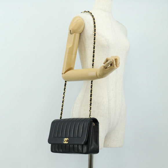 CHANEL Mademoiselle Chain Shoulder Bag Lamb Skin Black Gold CC Auth 185097SAM