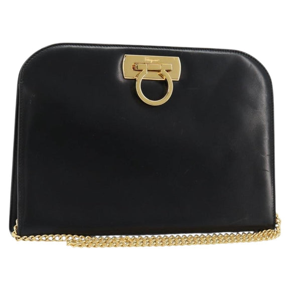 Salvatore Ferragamo Gancini Chain Shoulder Bag Leather Black Gold Auth 185103A