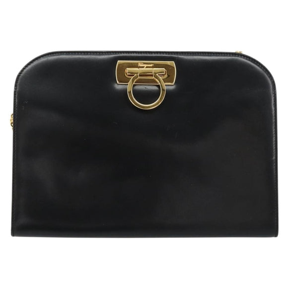 Salvatore Ferragamo Gancini Chain Shoulder Bag Leather Black Gold Auth 185103A