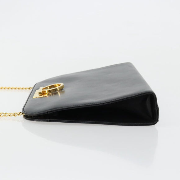 Salvatore Ferragamo Gancini Chain Shoulder Bag Leather Black Gold Auth 185103A
