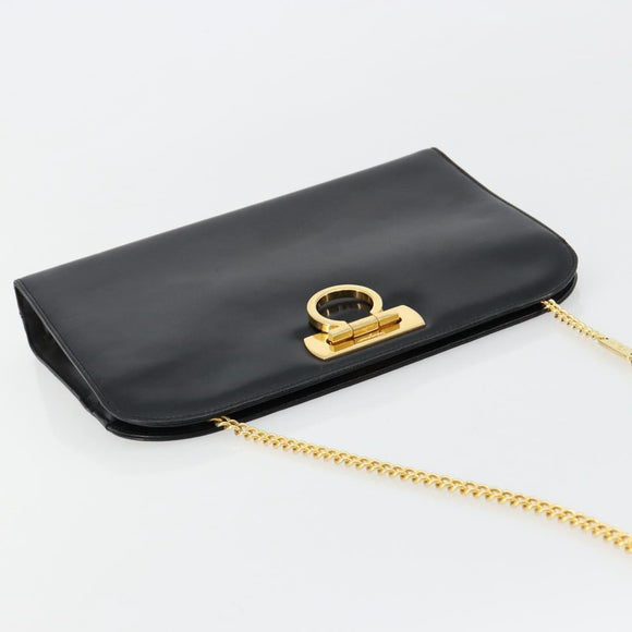 Salvatore Ferragamo Gancini Chain Shoulder Bag Leather Black Gold Auth 185103A