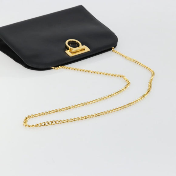 Salvatore Ferragamo Gancini Chain Shoulder Bag Leather Black Gold Auth 185103A