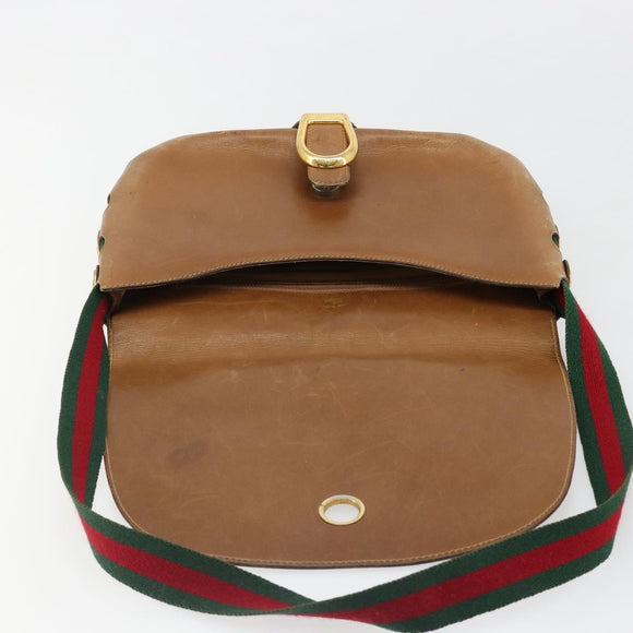 GUCCI Web Sherry Line Shoulder Bag Leather Brown Gold Auth 185117