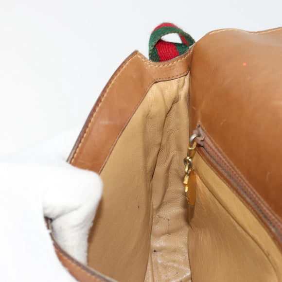 GUCCI Web Sherry Line Shoulder Bag Leather Brown Gold Auth 185117