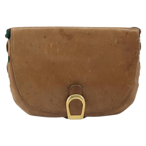 GUCCI Web Sherry Line Shoulder Bag Leather Brown Gold Auth 185117