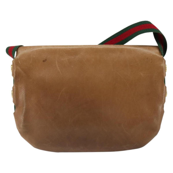 GUCCI Web Sherry Line Shoulder Bag Leather Brown Gold Auth 185117