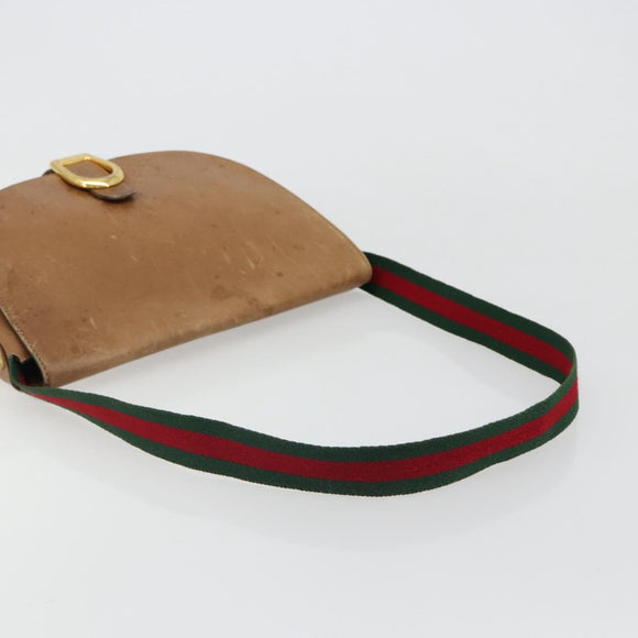 GUCCI Web Sherry Line Shoulder Bag Leather Brown Gold Auth 185117