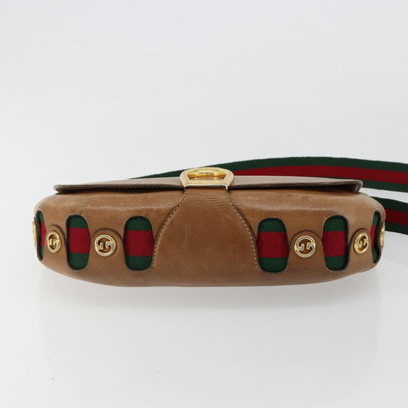 GUCCI Web Sherry Line Shoulder Bag Leather Brown Gold Auth 185117