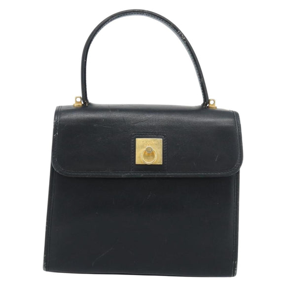 CELINE Hand Bag Leather Black Gold Auth 185125