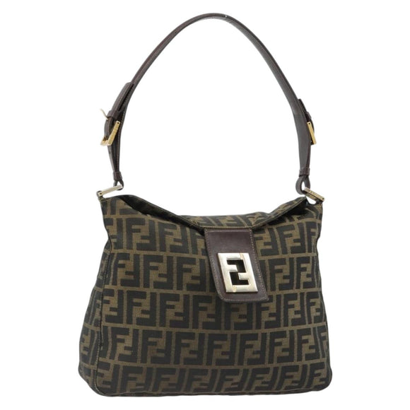 FENDI Zucca Canvas Mamma Baguette Shoulder Bag Black Brown Auth 185126