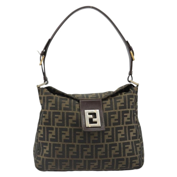 FENDI Zucca Canvas Mamma Baguette Shoulder Bag Black Brown Auth 185126
