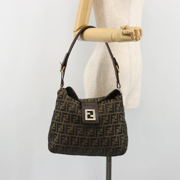 FENDI Zucca Canvas Mamma Baguette Shoulder Bag Black Brown Auth 185126