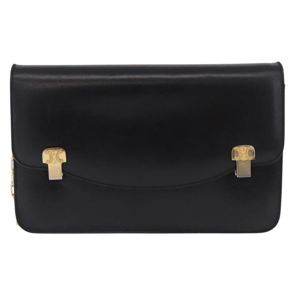 CELINE Chain Shoulder Bag Leather Black Gold Auth 185136V