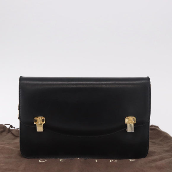CELINE Chain Shoulder Bag Leather Black Gold Auth 185136V