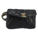 CHANEL Matelasse Waist Bag Lamb Skin Black Gold CC Auth 185140-1