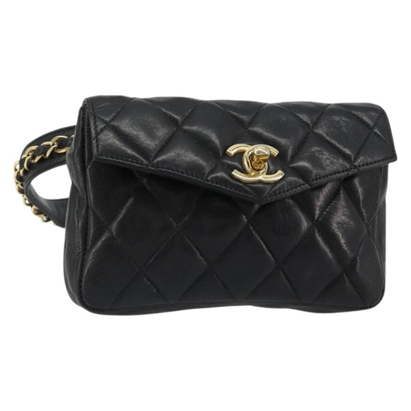 CHANEL Matelasse Waist Bag Lamb Skin Black Gold CC Auth 185140