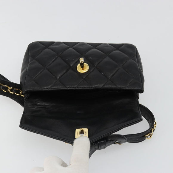 CHANEL Matelasse Waist Bag Lamb Skin Black Gold CC Auth 185140
