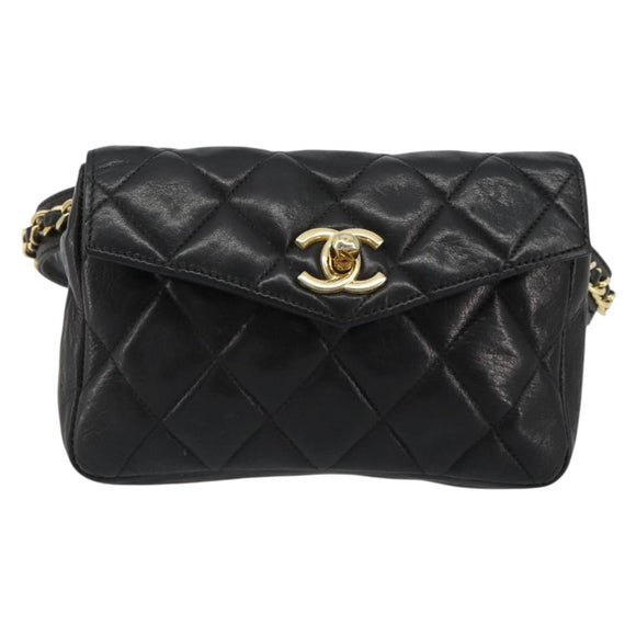 CHANEL Matelasse Waist Bag Lamb Skin Black Gold CC Auth 185140