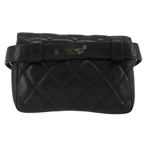 CHANEL Matelasse Waist Bag Lamb Skin Black Gold CC Auth 185140