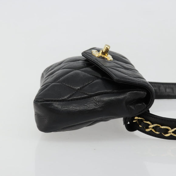 CHANEL Matelasse Waist Bag Lamb Skin Black Gold CC Auth 185140