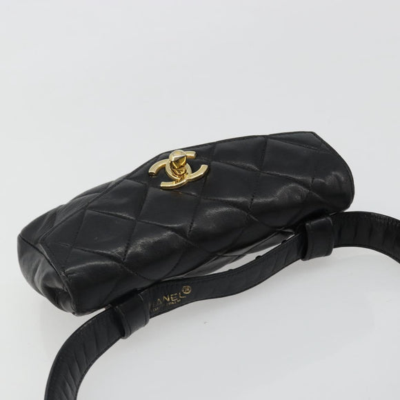 CHANEL Matelasse Waist Bag Lamb Skin Black Gold CC Auth 185140