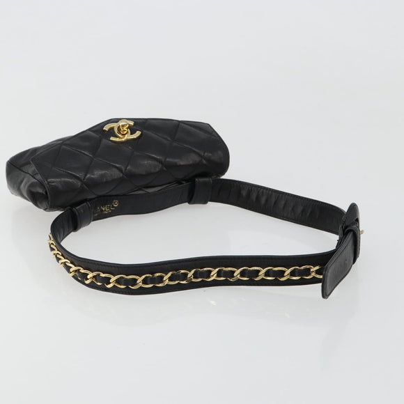 CHANEL Matelasse Waist Bag Lamb Skin Black Gold CC Auth 185140